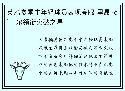 英乙赛季中年轻球员表现亮眼 里昂·贝尔领衔突破之星